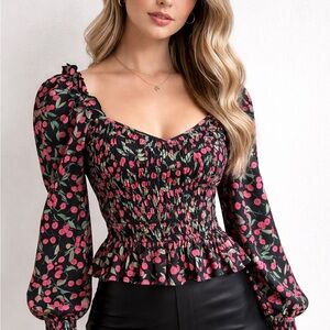 Cherry Print Smocked Peplum Blouse | Long Sleeve Sweetheart Neck Top